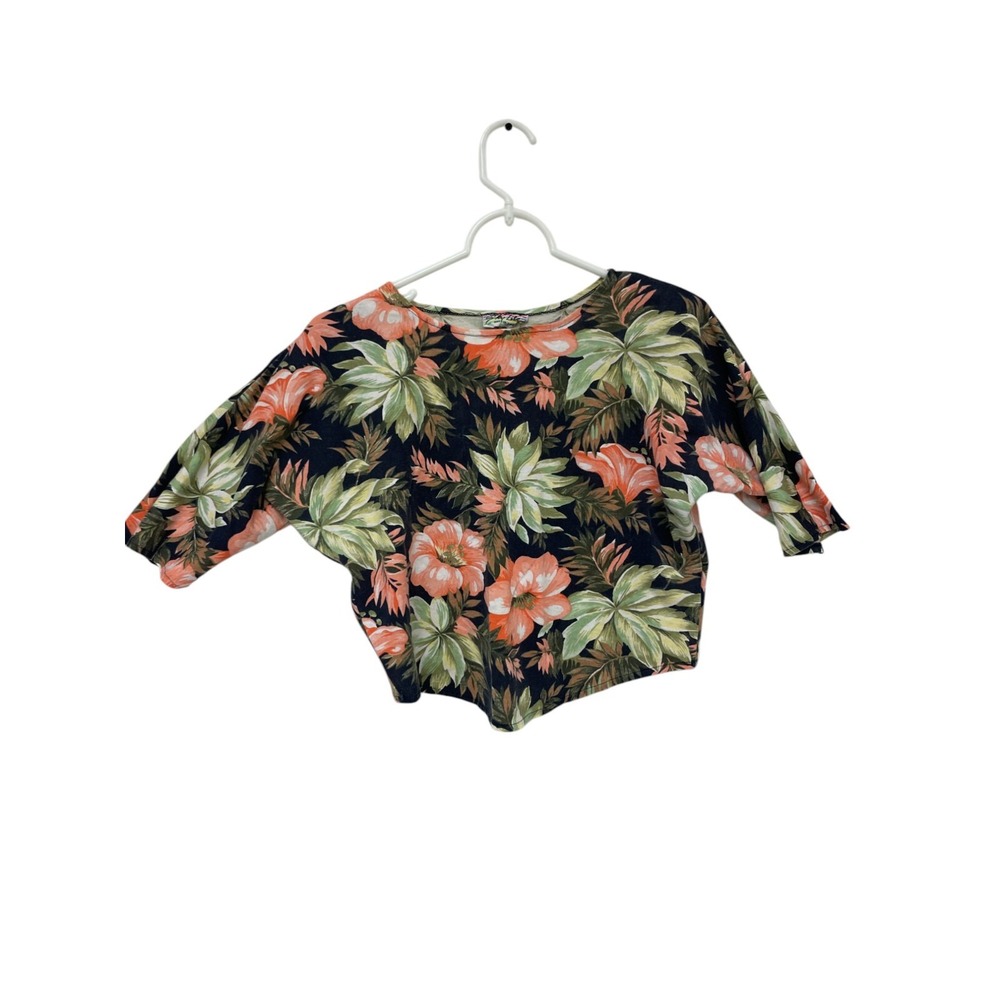 Sky Lite Floral Palm Printed Crop Top Womens Size S Short‎ Sleeve Multicolor Vtg